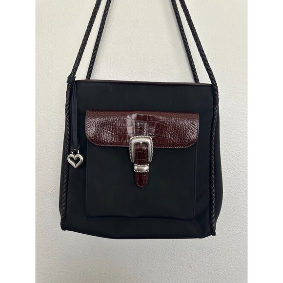 Brighton Nylon Shoulder Bag Braided Strap Croc Embossed Black Silver Western - Picture 2 of 11